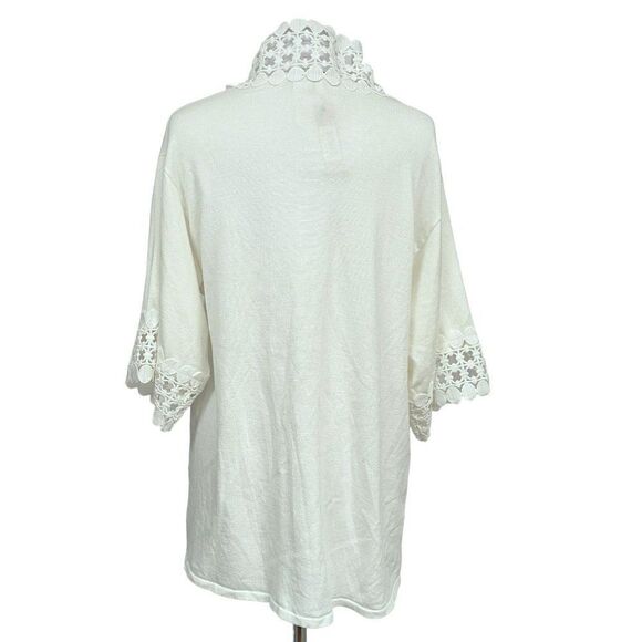 White Eyelet Cut-Out Open Front White Lightweight Cardi Red Wide Sleeve Sz L NEW - Picture 5 of 9
